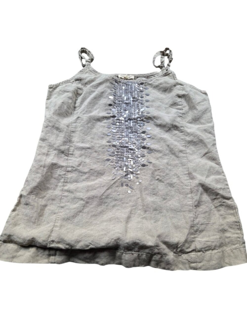 Eileen Fisher Top Womens Petite Medium Beige 100% Linen Sleeveless Embellished